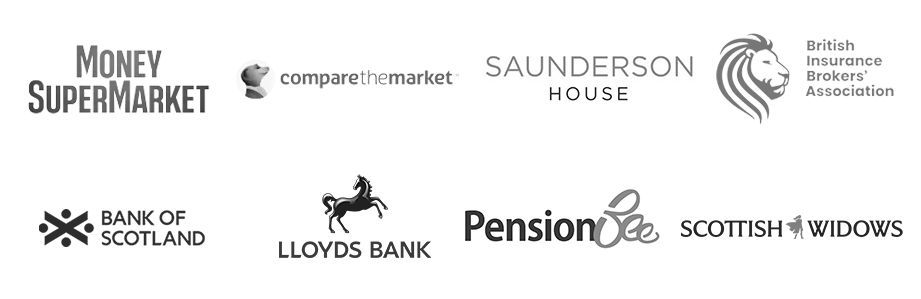 Logos of MoneySupermarket Comparethemarket Saunderson House BIBA Nerdwallet Lloyds PensionBee Scottish Widows
