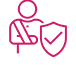 Pink icon of person with arm in sling next to a shield with a tick mark