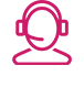 Pink icon of a persons head and shoulders talking on a phone headset