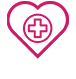 Pink icon of a circle with a cross in the middle, sitting inside a heart shape