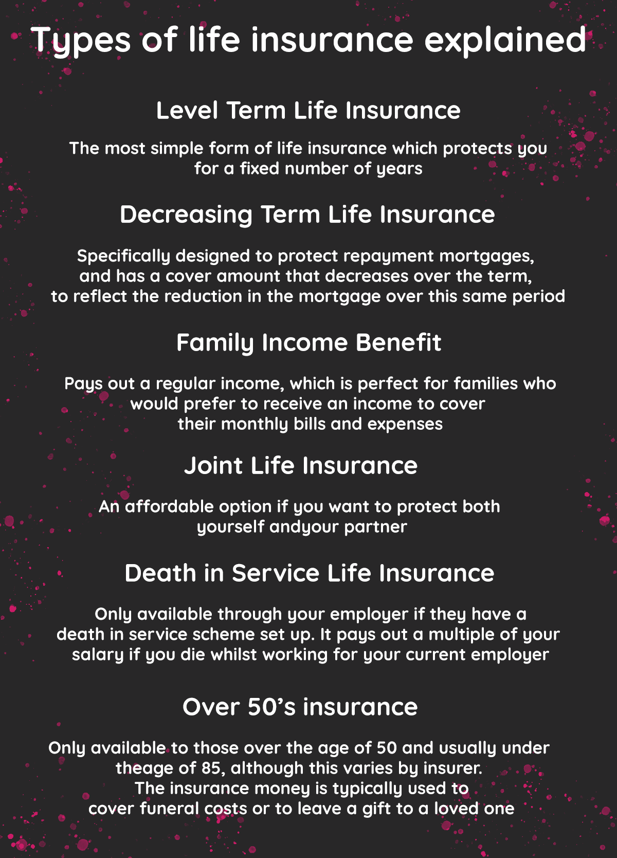 LifeSearch: Types of life insurance explained, such as: Level Term, Decreasing Term, Family Income Benefit