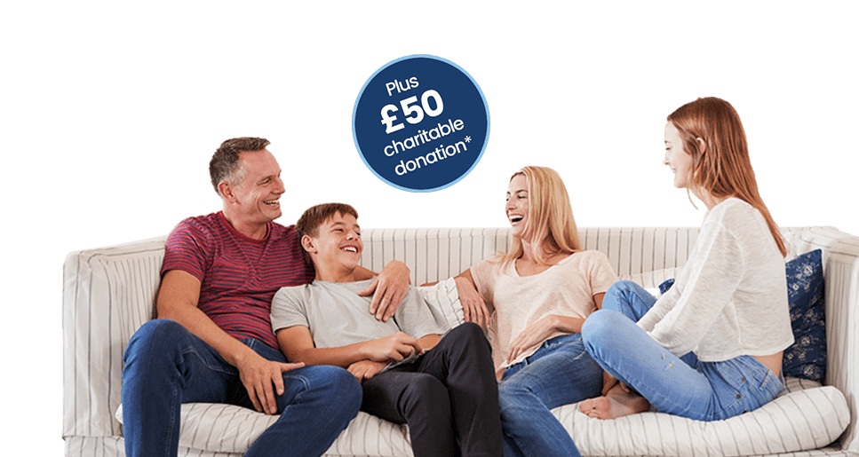 Family with teenage children relaxing on sofa together plus a blue £50 charitable donation circular sticker