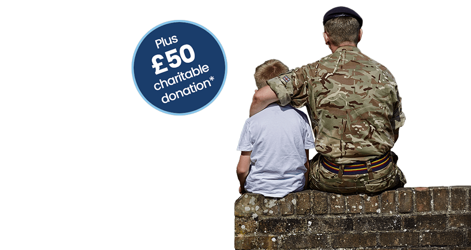 Male soldier sitting on wall next to son, both facing away from camera