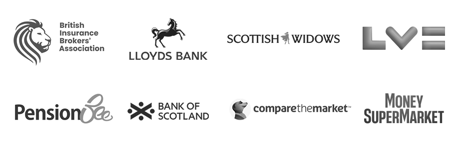 logos of BIBA, Lloyds bank, Scottish Widows, LV, PensionBee, Neilson, Comparethemarket, MoneySuperMarket