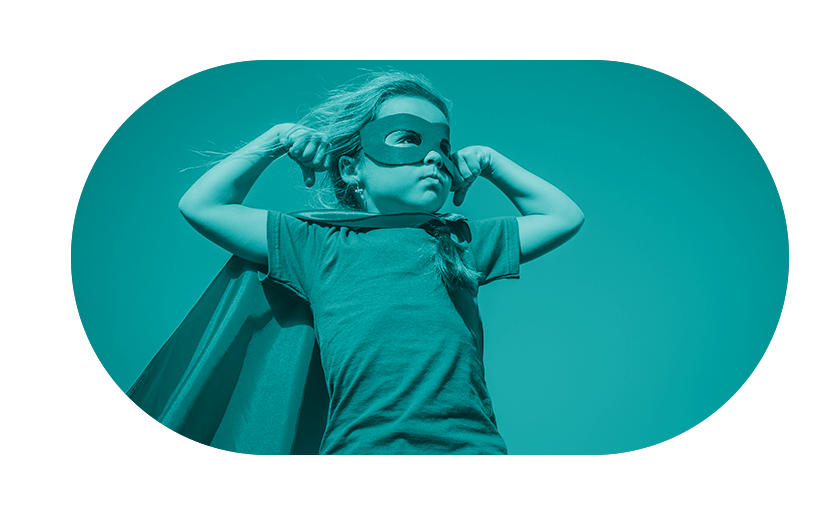 Girl wearing mask and cape flexing arms with teal overlay