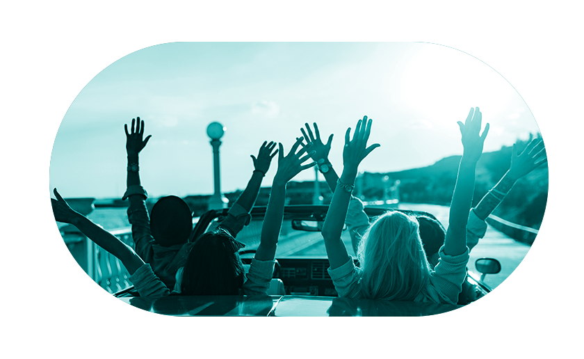 People in convertible car waving hands in the air with teal overlay