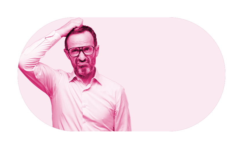 Man wearing shirt scratching his head with pink overlay