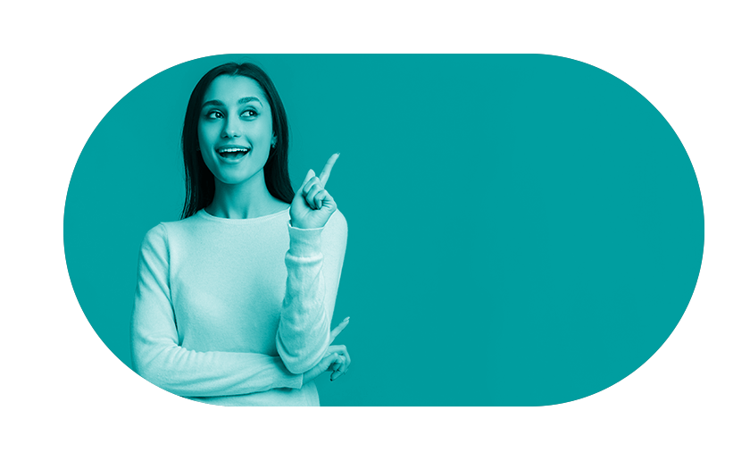 Woman smiling and pointing finger in the air with teal overlay