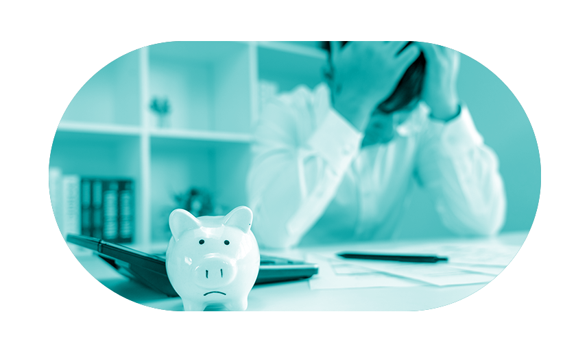 Man sitting with head in hands next to piggy bank with teal overlay