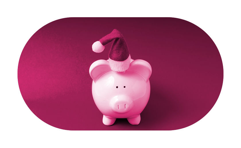 Piggy bank with Santa hat on with pink overlay