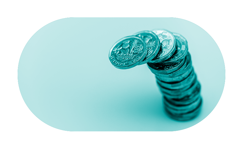 Stack of pound coins about to topple over on teal overlay