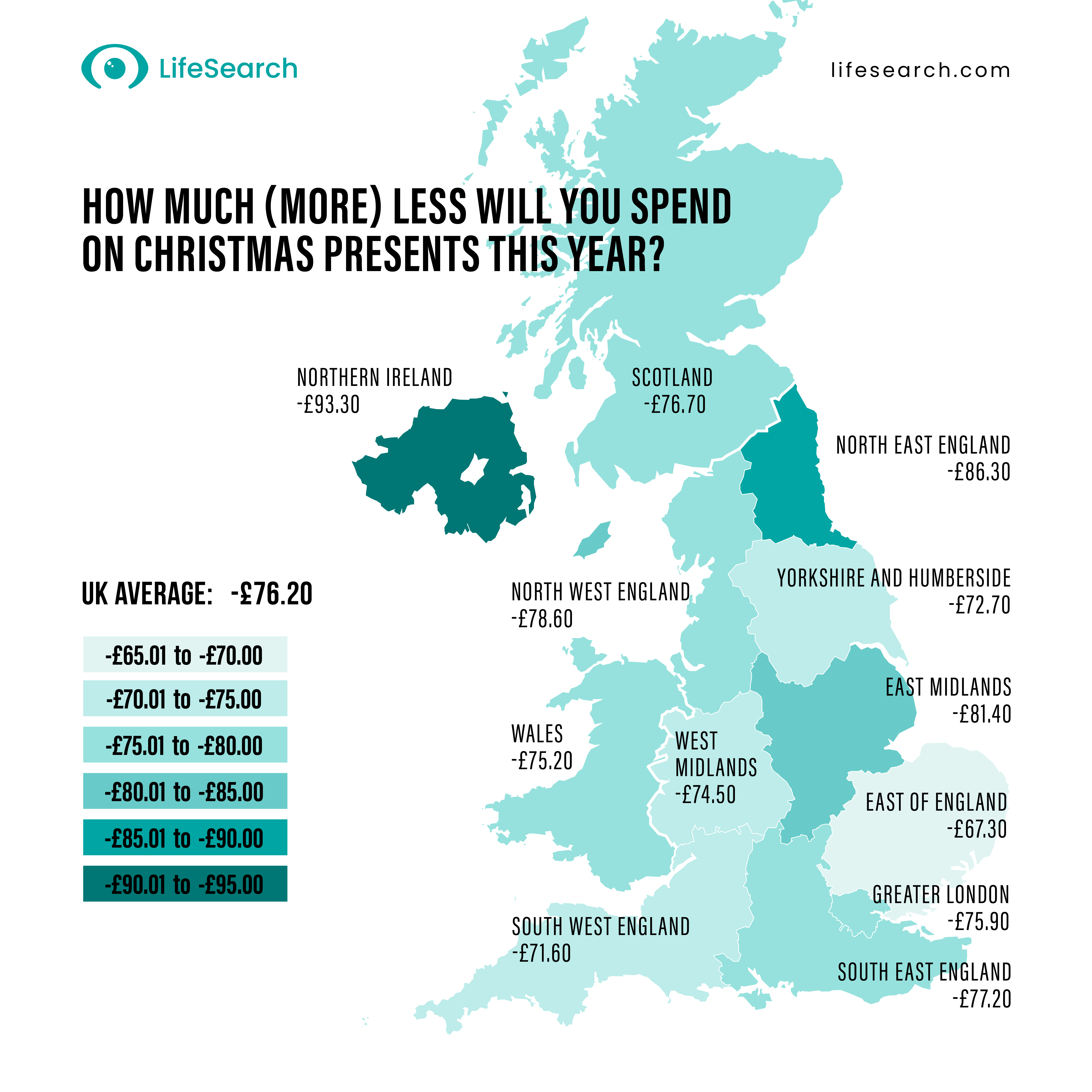 Map of UK showing how much more or less people will be spending on Christmas