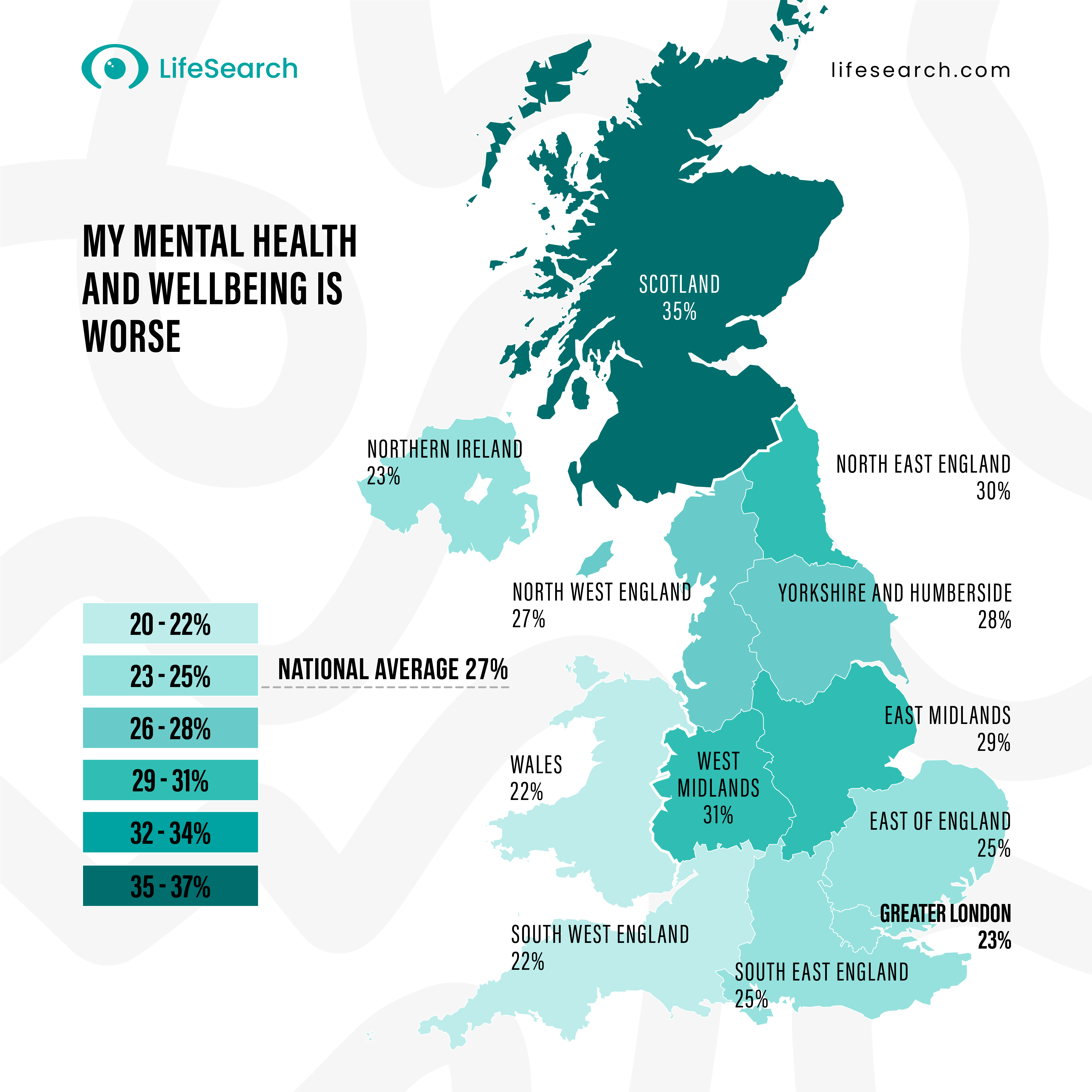 Map of UK showing percentage mental health has got worse by region