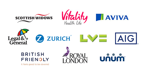 Logos Scottish Widows, Vitality, Aviva, Legal and General, Zurich, LV, AIG, BFS, Royal London, Unum