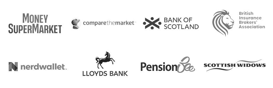 Logos of MoneySupermarket Comparethemarket BankofScotland BIBA Nerdwallet Lloyds PensionBee Scottish Widows