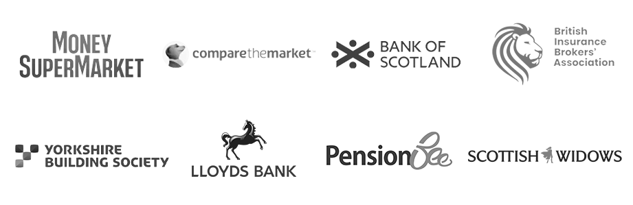 Logos of MoneySupermarket Comparethemarket BankofScotland BIBA Nerdwallet Lloyds PensionBee Scottish Widows