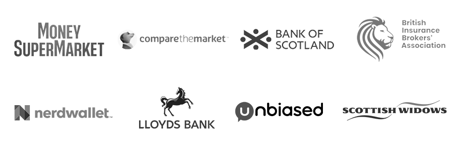 Logos of MoneySupermarket Comparethemarket BankofScotland BIBA Nerdwallet Lloyds Bank Unbiased Scottish Widows
