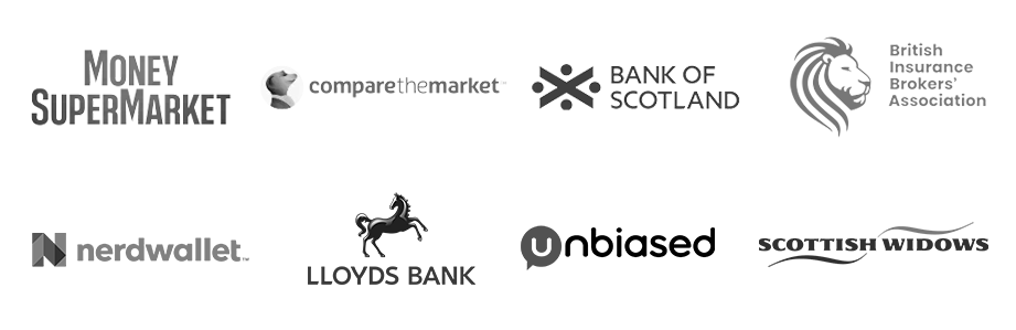 Logos of MoneySupermarket Comparethemarket BankofScotland BIBA Nerdwallet Lloyds Bank Unbiased Scottish Widows