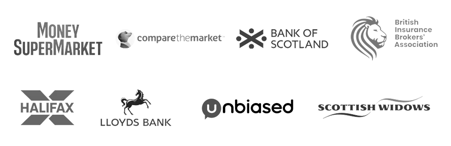 Logos of MoneySupermarket Comparethemarket BankofScotland BIBA Halifax Lloyds Bank Unbiased Scottish Widows